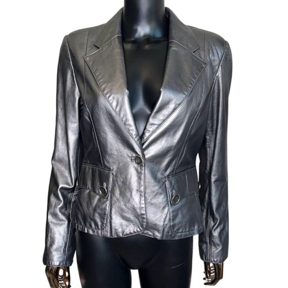 Bella Pelle Metallic Silver Leather Blazer Jacket Size M USA